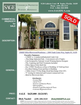 3,500SF +/- Commercial/Industrial Condo Unit. Pine Ridge Industrial Park. Convenient to all of Naples. Unit Designed by National Award-Winning Interior Designer. Tile, Carpeting and Wall Treatments Included. Office Spaces Fully Built Out. Has 1250SF Warehouse at Rear of Building, 12’ Roll-up Door. Excellent Parking Front and Rear of Building. 3 Miles from I-75-Pine Ridge Road Interchange (Exit 107). “I” Zoning for Industrial and Certain Commercial Uses. Ideal for Showroom Sales.