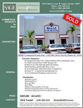 1800SF Commercial Condo Unit in Naples, Florida—Fully Finished, Office and Storage Areas. 1350SF Ground Floor, 450SF Storage Loft. Fully Paved with Sidewalk and Front Parking. Roll-up Door and Drivable Rear Access. Air-Conditioned, Tiled Office w/ Bathroom. Zoned “I” -- Commercial and Industrial Uses.