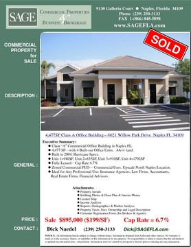 Class “A” Commercial Office Building in Naples FL. 4,477 SF—with 4 Built-out Office Units.  .4A+/- land. Built in 2004. Hurricane Specs. 4 office units Fully leased. 6.7% Cap Rate.  Unit 1=940SF, Unit 2=835SF, Unit 3=910SF, Unit 4=1792SF Zoned Commercial PUD— Commercial Uses. Upscale North Naples Location. Ideal for Any Professional Use: Insurance Agencies, Law Firms, Accountants, Real Estate Firms, Financial Advisors.