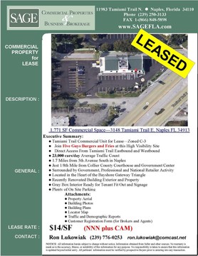 Tamiami Trail Commercial Unit for Lease—Zoned C-3. Join Five Guys Burgers and Fries at this High Visibility Site. Direct Access From Tamiami Trail Eastbound and Westbound. 23,000 cars/day Average Traffic Count. 1.7 Miles from 5th Avenue South in Naples. Just 1/8th Mile from Collier County Courthouse and Government Center. Surrounded by Government, Professional and National Retailer Activity. Located in the Heart of the Bayshore Gateway Triangle. Recently Renovated Building Exterior and Property. White Box Interior Ready for Tenant Fit Out and Signage. Plenty of On Site Parking