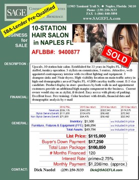 Upscale, 10-station hair salon. Established for 22 years in Naples FL. Fully staffed, turnkey operation. 5 stylists on commission, 5 renters. Attractive, well-appointed contemporary interior with excellent lighting and equipment. 3 shampoo sinks and 3 hair dryers. High visibility location on main traffic artery in high end demographics area of Naples FL. 47,000 cars/day traffic count. E-2 visa candidate. Product display in store--purchases by both walk-in and appointment customers provide an additional high margin component to the business.  Current owner would stay on as stylist, if desired. Easy access with plenty of parking. Excellent lease. Free training. Color brochure with details, financial data and demographic analysis by e-mail