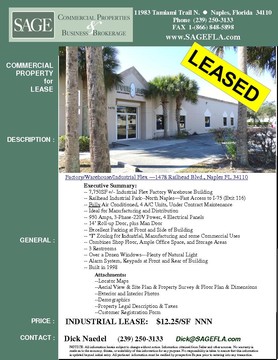 Factory/Warehouse/Industrial Flex —1478 Railhead Blvd., Naples FL 34110  7,750SF +/- Industrial Flex Factory Warehouse Building. Railhead Industrial Park, North Naples—Fast Access to I-75 (Exit 116). Fully Air Conditioned, 4 A/C Units, Under Contract Maintenance. Ideal for Manufacturing and Distribution. 950 Amps, 3-Phase-220V Power, 4 Electrical Panels. 14’ Roll-up Door, plus Man Door. Excellent Parking at Front and Side of Building. “I” Zoning for Industrial, Manufacturing and some Commercial Uses. Combines Shop Floor, Ample Office Space, and Storage Areas. 3 Restrooms. Over a Dozen Windows, Plenty of Natural Light. Alarm System, Keypads at Front and Rear of Building. Built in 1998