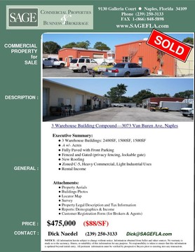 3 Warehouse Buildings—3073 Van Buren Ave, Naples FL 34112  3 Warehouse Buildings: 2400SF, 1500SF, 1500SF .4 +/- Acres Fully Paved with Front Parking  Fenced and Gated (privacy fencing, lockable gate)  New Roofing  Zoned C-5  Heavy Commercial, Light Industrial Uses. Incomer Producing.