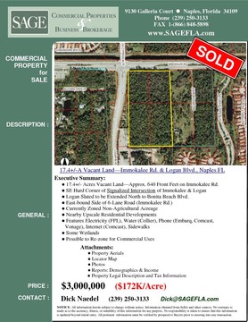 17.4+/- Acres Vacant Land—Approx. 640 Front Feet on Immokalee Rd. SE Hard Corner of Signalized Intersection of Immokalee & Logan. Logan Slated to be Extended North to Bonita Beach Blvd. East-bound Side of 6-Lane Road (Immokalee Rd.). Nearby Upscale Residential Developments. Features Electricity (FPL), Water (Collier), Phone (Embarq, Comcast,