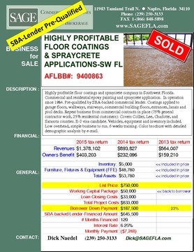 Highly profitable floor coatings and spraycrete company in Southwest Florida. Commercial and residential epoxy painting and spraycrete application.  In operation since 1984. Pre-qualified by SBA-backed commercial lender. Coatings applied to garage floors, walkways, stairways, commercial building floors, entrances, lanais and pool decks. Repeat business from commercial contracts in place (75% general contractor work, 25% residential customers). Covers Collier, Lee, Charlotte, and Sarasota counties. E-2 visa candidate. Vehicles, equipment and inventory included. Low overhead, simple business to run. 6 weeks training. Color brochure with detailed demographic analysis by e-mail.