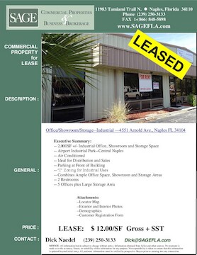 2,000SF +/- Industrial Office, Showroom and Storage Building. Airport Industrial Park. Central Naples. Air Conditioned. Ideal for Distribution. Parking at Front of Building. “I” Zoning for Industrial Uses. Combines Ample Office Space, Showroom and Storage Areas. 2 Restrooms. 5 Offices plus Large Showroom/Storage Area.