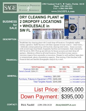 Established dry cleaning plant with 2 retail drop-off locations. Completely staffed, turnkey operation. Stable business with three separate revenue sources: --retail stores, --wholesale contract partnering with local dry cleaning retail stores, --house accounts with several major local hotels, hospitality facilities and restaurants. Sales returned to 2019 levels by 2022. Pick-up and delivery for house accounts and retail drop-off partners. Alterations offered at all retail locations. Diversified revenue sources minimize impacts from seasonality or recessions. Situated in well-outfitted, large plant in industrial park, plenty of production capacity.  E-2 visa candidate. Free training. Color brochure with financial data and detailed demographic analysis by e-mail.