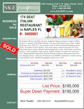 Description: Dinner and Take-out only.Authentic Italian restaurant in high visibility location in  upscale north Naples Florida. 174 seats. Full liquor license. Fully  staffed. In business since 2010.. E2  visa candidate. Next to Publix-anchored shopping center. Italian  specialties include chicken, veal, steak, chops, seafood and pasta--all  from time-tested classic recipes. Mouth-watering appetizers, crispy  fresh salads, and Italian desserts. . Fully equipped,  high capacity, spotless kitchen--excellent for catering as well.  Granite-topped Bar. Outside Seating w/ Heaters. Restaurant looks like new. Would cost over $500K to duplicate. Bargain-priced--must-see. 2 weeks training. Color brochure with  detailed demographic analysis by e-mail.
