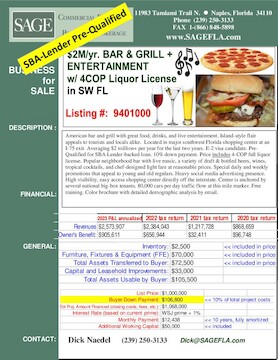American bar and grill with great food, drinks, and live entertainment. Island-style flair appeals to tourists and locals alike.  Located in major southwest Florida shopping center at an I-75 exit. Averaging $2 million+ per year for the last two years. E-2 visa candidate. Pre-Qualified for SBA Lender-backed loan. 10% down payment. Price includes 4-COP full liquor license. Popular neighborhood bar with live music, a variety of draft & bottled beers, wines, tropical cocktails, and chef-designed light fare at reasonable prices. Special daily and weekly promotions that appeal to young and old regulars. Heavy social media advertising  presence. High visibility, easy access shopping center directly off the interstate. Center is anchored by several national big-box tenants. 80,000 cars per day traffic flow at this mile marker. Free training. Color brochure with detailed demographic analysis by e-mail.