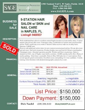 Well-established hair salon in excellent central Naples location on main traffic artery. 9 stylist stations plus private skin room. 9 shampoo sinks. Combination of renters and commissioned stylists. Seller would stay on as renter if desired. Salon receives walk-ins on daily basis. Spacious 2,000SF unit. Room to add additional stylist chairs for new renters/commissioned stylists. Private skin room and nail room. Nail tech on premise. Product display cases up front for Owner's merchandise. Champagne room. Absentee operation possible. Washer and dryer on premises. Salon is situated on US41, one of Naples' main traffic corridors--34,000 cars/day traffic flow. Plenty of nearby parking.  Great lease--assumable. Runs to May 2026 plus two x 3-year options. Near several upscale gated communities. Excellent access and parking. E-2 visa candidate. 2 weeks training. Color brochure with detailed demographic analysis by e-mail.