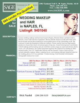 Luxury wedding makeup and hair team based in Naples, Florida. Owner and lead creative director, comes with extensive experience. She has had the chance to work with many well-known brands and has been featured in various publications for her outstanding work. She continues to push the boundaries within her industry. Owner and her team use high-quality products to ensure that client's investment goes a long way. Award-winning team is proficient in both makeup and hairstyling and can work their creative magic to match and elevate client's vision. All cash business. No capital equipment required. Pre-qualified for funding by SBA-backed Lender. Two US. Trademarks transfer with the business. Some of their services include endurable makeup, lashes, sculpting brows, and creating strikingly beautiful looks for the wedding photos. E-2 visa candidate. 2 weeks training. Color brochure with detailed demographic analysis by e-mail