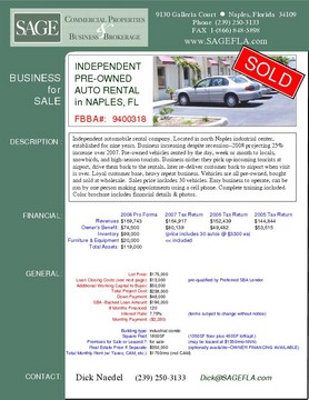 Independent Pre-Owned Auto Rental in Naples FL.  Located in north Naples industrial center, established for nine years. Business increasing despite recession--2008 projecting 25% increase over 2007. Pre-owned vehicles rented by the day, week or month to locals, snowbirds, and high-season tourists. Business niche: they pick up incoming tourists at airport, drive them back to the rentals, later re-deliver customer back to airport when visit is over. Loyal customer base, heavy repeat business. Vehicles are all pre-owned, bought and sold at wholesale.  Sales price includes 30 vehicles. Easy business to operate, can be run by one person making appointments using a cell phone. Complete training included. Color brochure includes financial details & photos.