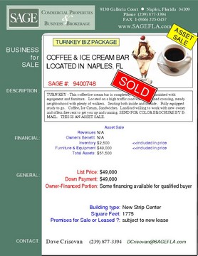 TURN KEY - This coffee/ice cream bar is completely built-out and furnished with equipment and furniture.   Located on a high traffic road with signalized crossing, steady neighborhood with plenty of walkers.   Seating both inside and outside.   Fully equipped ready to go.   Coffee, Ice Cream, Sandwiches.  Landlord willing to work with new owner and offers free rent to get you up and running. SEND FOR COLOR BROCHURE BY E-MAIL.   THIS IS AN ASSET SALE.