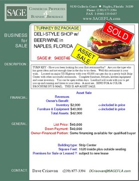 TURN KEY - Have you been looking for your first restaurant/bar?   Are you the type who has great ideas and not enough time in the day to try them.   Well this restaurant is your wish.    Located on major US Highway with over 45,000 cars per day in a newly built Strip Center with other successful restaurants.   Complete furniture, fixtures, kitchen equipment and some inventory.   You can be open within days.  Landlord will work with you to get you up and running and listen to your ideas.  A must see.  SEND FOR A COLOR BROCHURE BY E-MAIL.   THIS IS AN ASSET SALE.