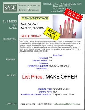 TURNKEY -  WOW, Have you worked in a salon for a couple of years and are now ready to step up and be an owner/operator?   This facility is furnished, decorated and you can be open in a month.  Located on major US Highway with over 45,000 cars per day.   Landlord willing to help with new Lease and offer some free rent for qualified tenant.   This facility is worth the look.   SEND FOR COLOR BROCHURE BY E-MAIL.   COME IN AND DISCUSS YOUR NEW SHOP.