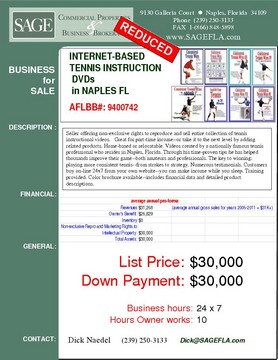 Seller offering non-exclusive rights to reproduce and sell entire collection of tennis instructional videos.   Great for part-time income--or take it to the next level by adding related products. Home-based or relocatable. Videos created by a nationally famous tennis professional who resides in Naples, Florida. Through his time-proven tips he has helped  thousands improve their game--both amateurs and professionals. The key to winning: playing more consistent tennis--from strokes to strategy. Numerous testimonials. Customers buy on-line 24x7 from your own website--you can make income while you sleep. Training provided. Color brochure available--includes financial data and detailed product descriptions.