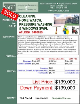 Here's an established business (2006) that you can grow in 4 different directions: Residential/Commercial Cleaning, Home Watch, Windows, and Pressure Washing. A collection of service offerings for homeowners (and some commercial accounts) concentrated in Collier (Naples) and south  Lee Counties (Bonita Springs, Estero, S. Ft. Myers) FL. Cash business with super-high margins. Home-based with no fixed costs.  Home Watch also includes concierge services. 6-year loyal customer base. Owner works a seasonal average of 35 hours/wk. Licensed and Insured. Professional website allows customers to request an appointment or a quote. NOT a franchise. Seller will train new owner. Easy to learn process. Free training. E-2 visa candidate.  Color brochure with market and demographic analysis by e-mail.