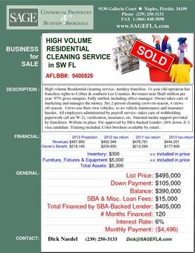 High volume Residential cleaning service--turnkey franchise. 14-year old operation has franchise rights to Collier & southern Lee Counties. Revenues near $half-million per year. 97% gross margins. Pre-approved by SBA-backed Lender--20% down. E-2 visa candidate. Fully staffed, including office manager. Owner takes care of marketing and manages the money. Six 2-person cleaning crews in-season, 4 crews off-season.  Crews use their own vehicles, so no vehicle maintenance and insurance hassles. All employees administered by payroll service--takes care of withholding paperwork (all are W-2), verification, insurance, etc. National media support provided by franchisor. Website in place